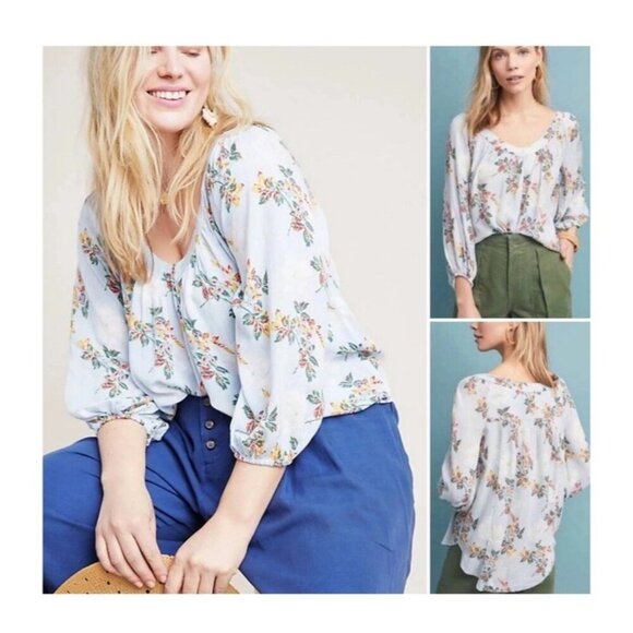 Tops - Anthropologie Maeve Sky Blue Stripe Floral Print Peasant Style Blouse Top Sz 10